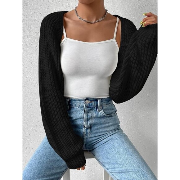 ❤️Women Black Qlarnaweer  Cropped Cardiga Bolero Shrug Sweater Open Front Knit - Picture 4 of 6